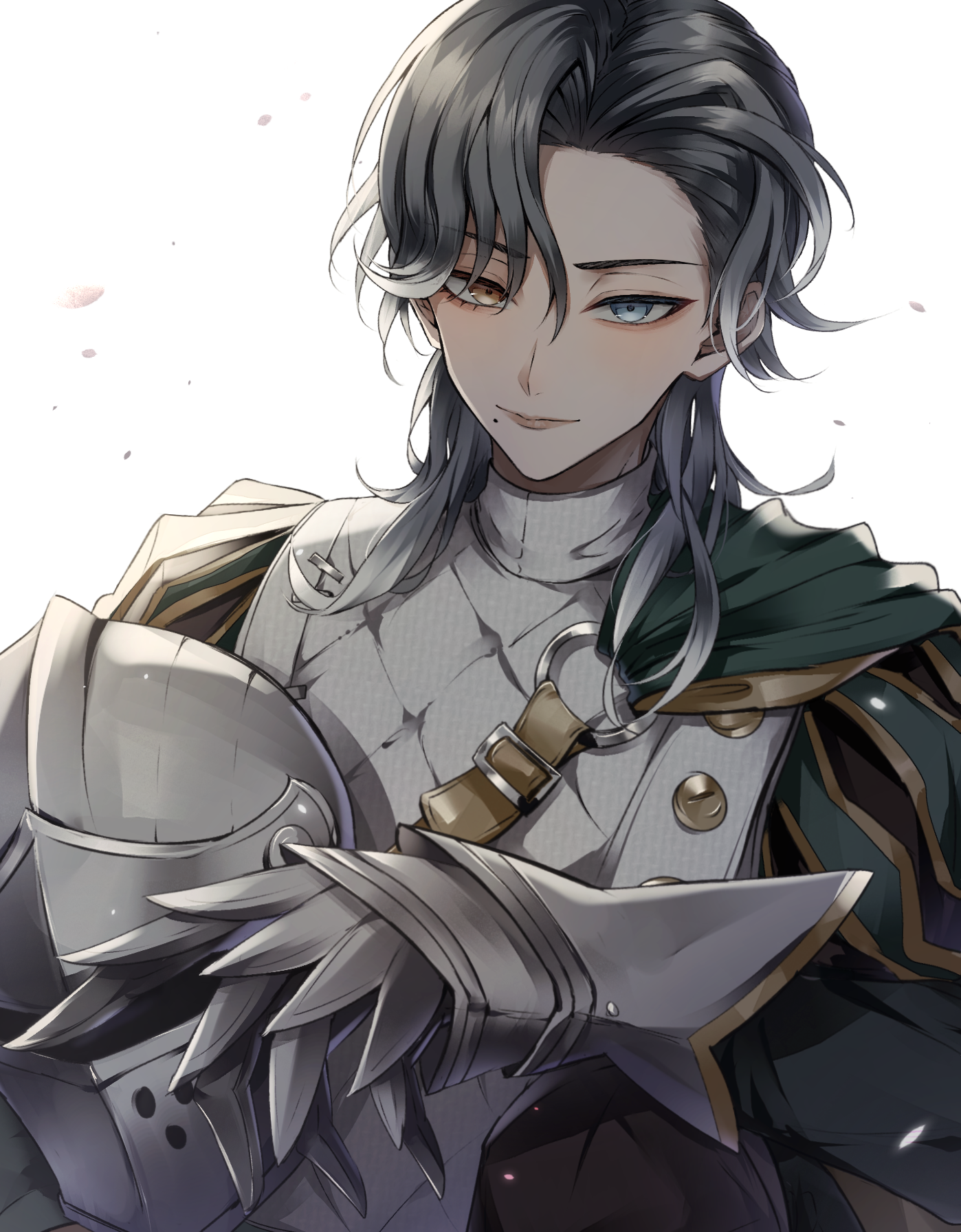 kogarashi kon, identity v, highres, 1boy, armor, blue eyes, cape, closed mouth, falling petals, green cape, grey hair, hair over one eye, helmet, heterochromia, holding, holding unworn helmet, knight, looking at viewer, male focus, medium hair, mole, mole under eye, o-ring, petals, richard sterling, simple background, solo, unworn headwear, unworn helmet, white background, yellow eyes