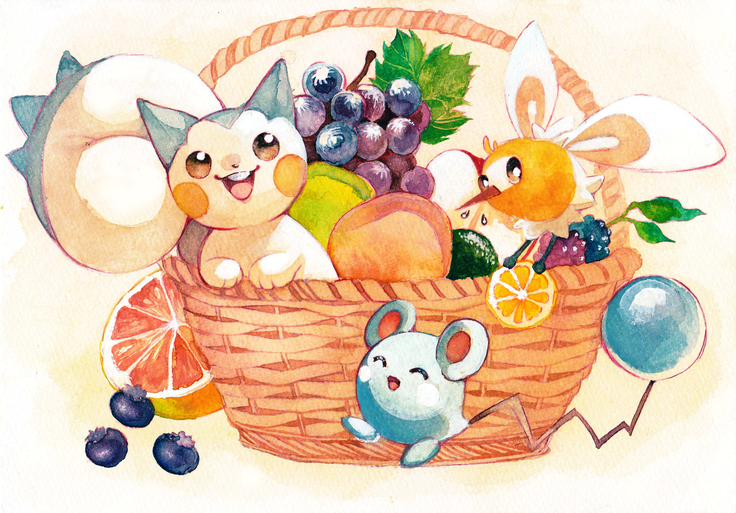 yu (mekeneko1998), azurill, cutiefly, pachirisu, nintendo, pokemon, :d, apple, blueberry, food, fruit, fruit basket, gen 3 pokemon, gen 4 pokemon, gen 7 pokemon, grapefruit, grapes, no humans, open mouth, pokemon (creature), smile