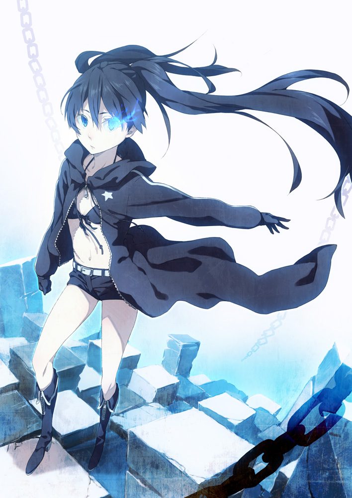 houru, black rock shooter (character), black rock shooter, 10s, bikini, bikini top only, black hair, blue eyes, boots, chain, flat chest, gloves, hood, hoodie, long hair, midriff, shorts, solo, swimsuit, twintails, uneven twintails, very long hair