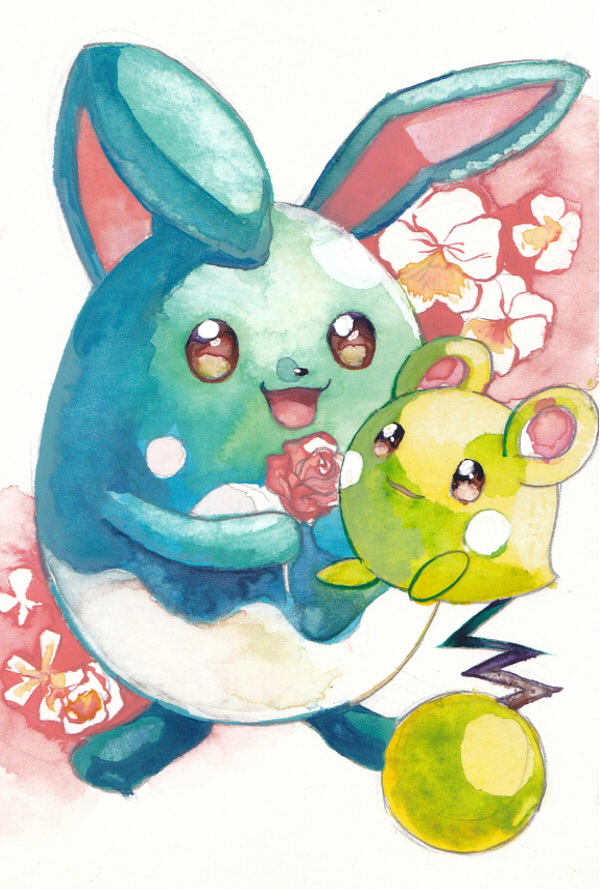 yu (mekeneko1998), azumarill, azurill, nintendo, pokemon, alternate color, black eyes, flower, gen 2 pokemon, gen 3 pokemon, pokemon (creature), shiny pokemon, smile, standing