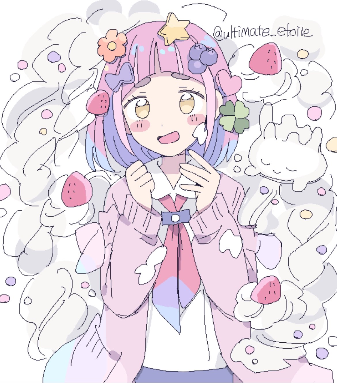 remoooon, lacey (pokemon), milcery, nintendo, pokemon, pokemon sv, highres, 1girl, arched bangs, blueberry, blush stickers, cardigan, closed eyes, collared shirt, flower, food, fruit, gen 8 pokemon, long sleeves, looking at viewer, neckerchief, open clothes, open mouth, orange flower, pink cardigan, pink hair, pokemon (creature), red neckerchief, shirt, short hair, simple background, standing, strawberry, upper body, whipped cream, white background, white shirt, yellow eyes
