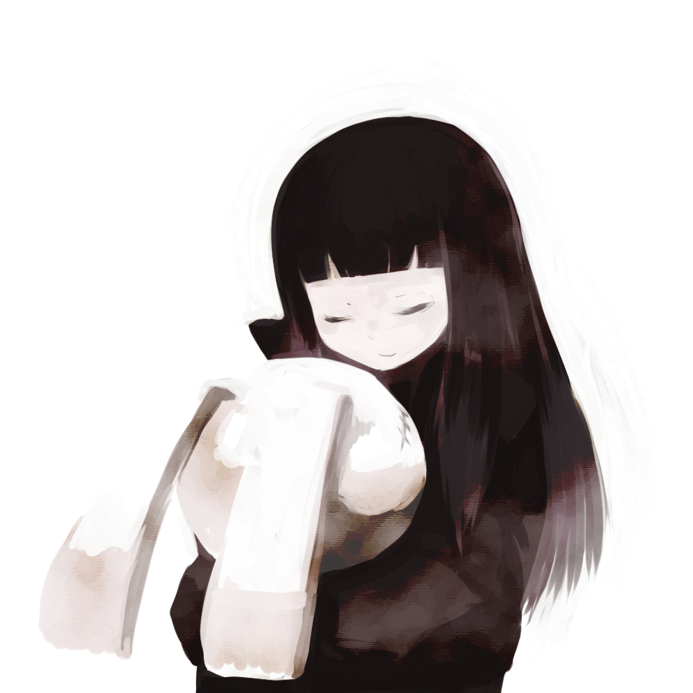 nekotei, nekotewi, black hair, child, hug, long hair, rabbit, stuffed toy