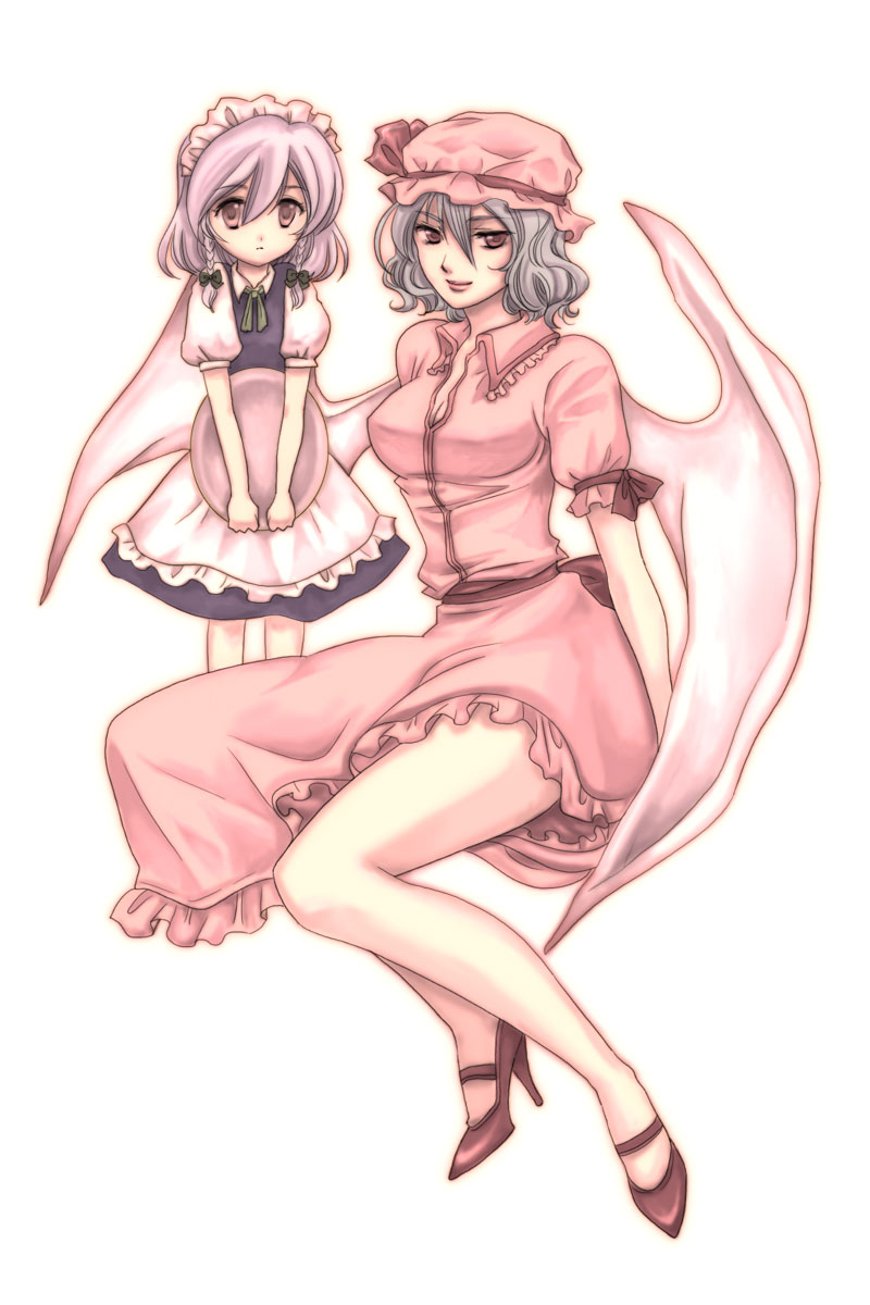 jaack, izayoi sakuya, remilia scarlet, touhou, highres, 2girls, aged down, aged up, breasts, child, female focus, legs, maid, multiple girls, sitting, standing, time paradox, tray, white background, wings