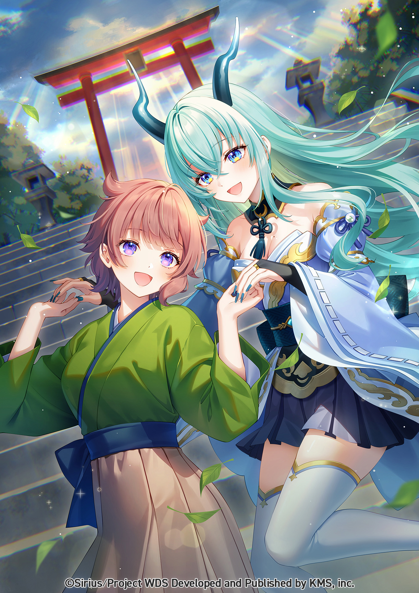 bshi edayo, kiyohime (fate), lilja kurtbay, sasuga chisa, world dai star, highres, official art, 2girls, :d, bare shoulders, blue eyes, blue sky, blush, breasts, cleavage, cloud, day, detached sleeves, fang, green kimono, horns, japanese clothes, kimono, long hair, medium breasts, multiple girls, nail polish, obi, open mouth, outdoors, pleated skirt, purple eyes, sash, short hair, skirt, sky, smile, thighhighs, torii, wide sleeves