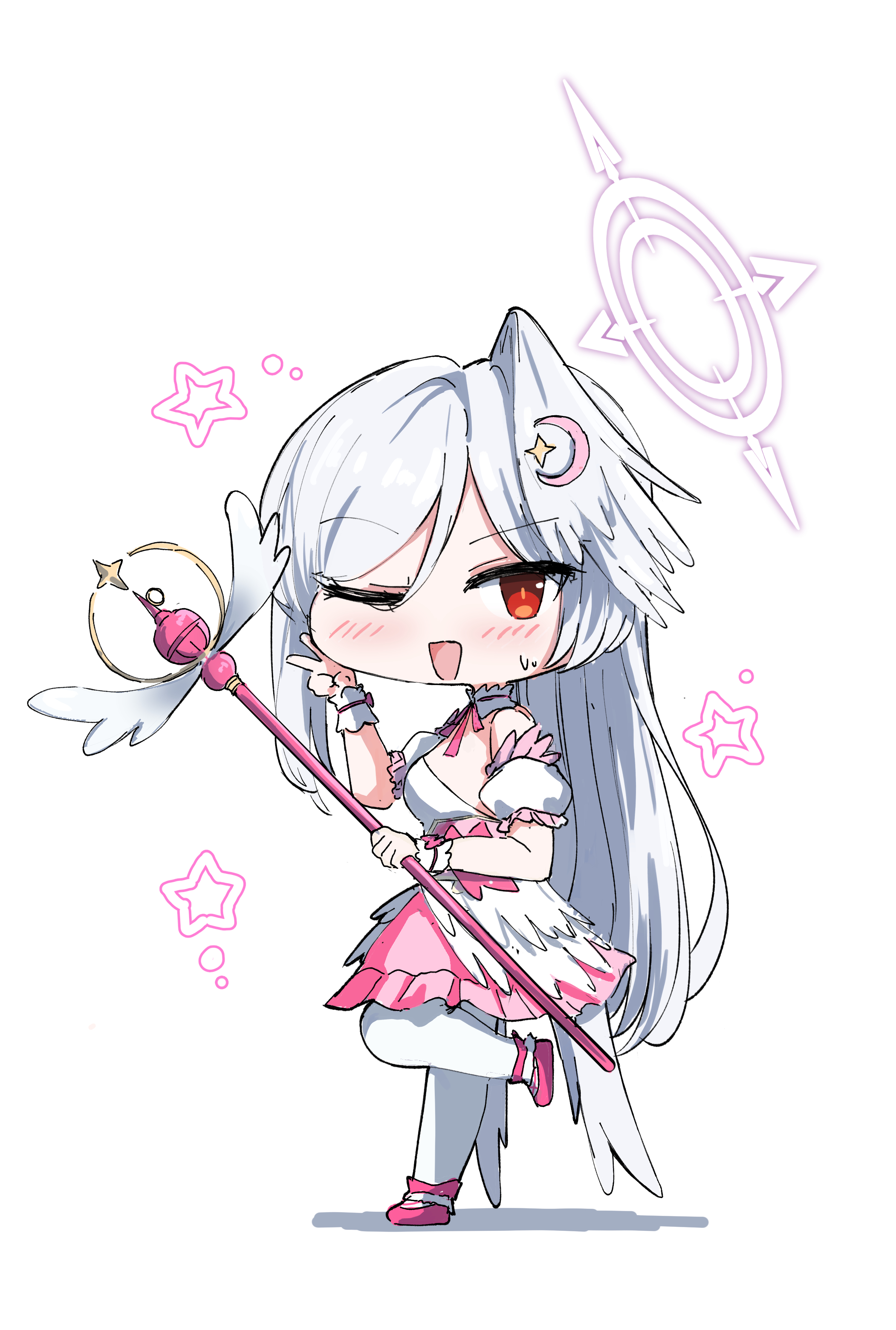 feita, suzumi (blue archive), blue archive, absurdres, commentary request, highres, 1girl, :d, bare shoulders, blush, deformed, detached collar, detached sleeves, dress, frilled dress, frills, halo, head wings, long hair, magical girl, neck ribbon, official alternate costume, one eye closed, open mouth, pink dress, pink ribbon, pink shoes, red eyes, ribbon, shoes, short sleeves, single hair intake, single head wing, smile, solo, suzumi (magical) (blue archive), thighhighs, v, very long hair, wand, wings