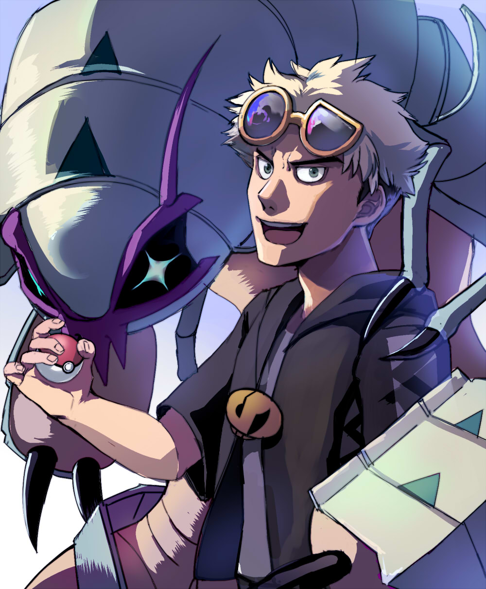 yu (mekeneko1998), golisopod, guzma (pokemon), nintendo, pokemon, pokemon sm, highres, + +, 1boy, :d, asymmetrical eyewear, eyewear on head, gen 7 pokemon, holding, holding poke ball, jacket, male focus, open mouth, poke ball, pokemon (creature), smile, standing, sunglasses, white hair
