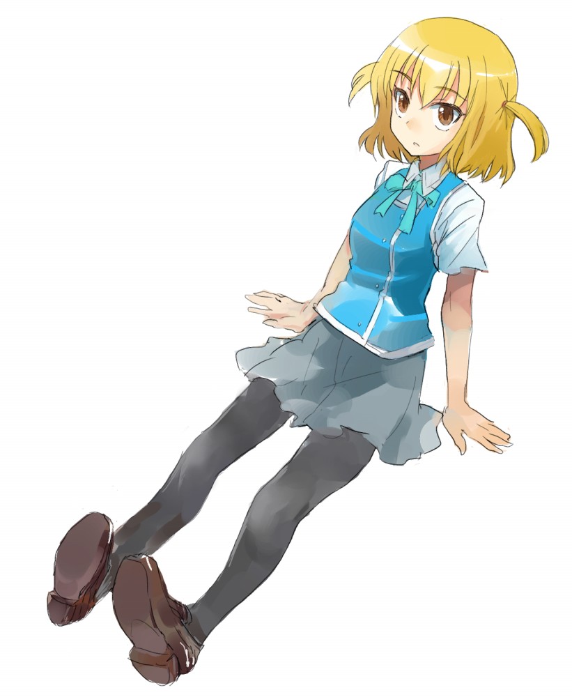 asasow, shibasaki roka, d-frag!, bad id, bad pixiv id, 1girl, blonde hair, brown eyes, female focus, full body, pantyhose, school uniform, shoes, short hair, short sleeves, sitting, skirt, solo, twintails, two side up, white background