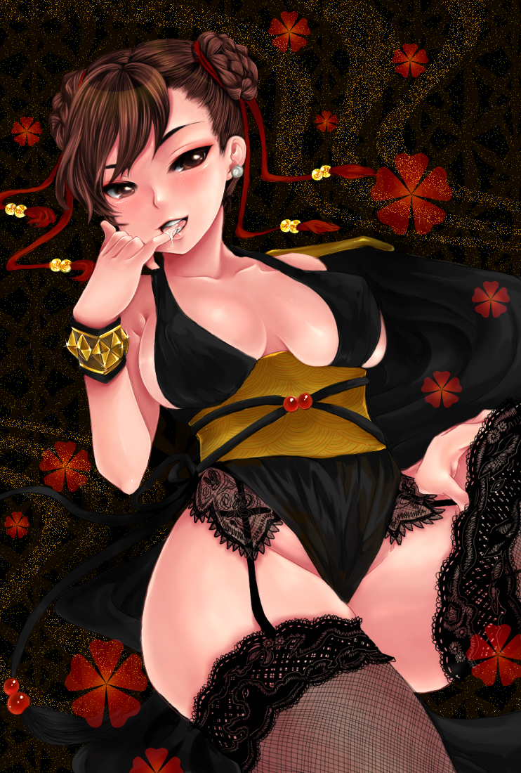 mosho, chun-li, capcom, street fighter, 1girl, alternate costume, black thighhighs, blush, breasts, brown eyes, brown hair, collarbone, cum, cum in mouth, cum on tongue, curvy, double bun, female focus, fishnet thighhighs, fishnets, garter belt, hair bun, hip focus, large breasts, licking, licking finger, naughty face, open mouth, pelvic curtain, saliva, smile, solo, thighhighs, tongue