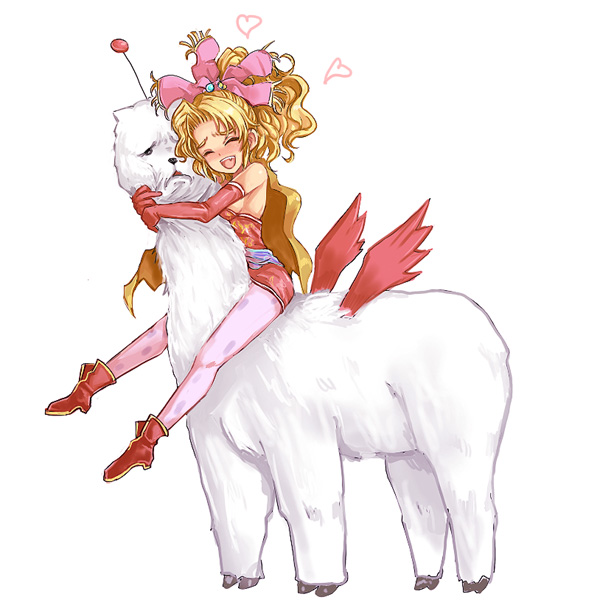 kara (color), moogle, tina branford, final fantasy, final fantasy vi, 1990s (style), 1girl, alpaca, blonde hair, bow, elbow gloves, female focus, gloves, happy, heart, hug, llama, open mouth, pantyhose, pink bow, retro artstyle, riding, simple background, smile, solo, white background, white pantyhose