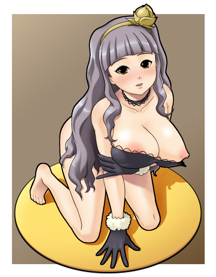 tomatto (@ma!), 961 production, shijou takane, idolmaster, idolmaster (classic), idolmaster 1, silver hair, 00s, 1girl, barefoot, blush, breast slip, breasts, brown eyes, choker, feet, female focus, full body, gloves, hairband, huge breasts, kneeling, long hair, nipples, solo, toes