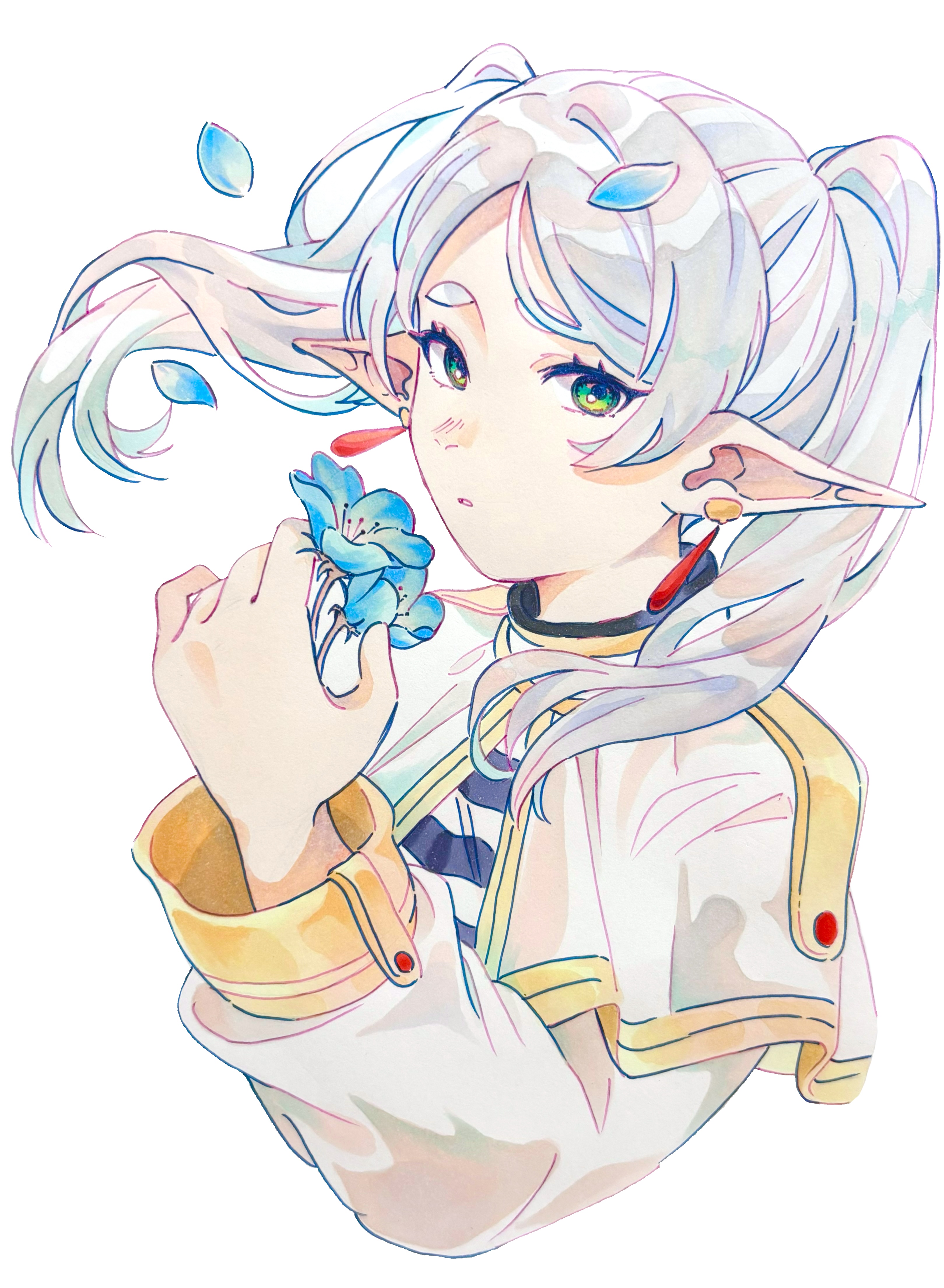 frieren, sousou no frieren, absurdres, highres, 1girl, blue flower, capelet, earrings, flower, green eyes, grey hair, hand up, holding, holding flower, jewelry, long hair, looking at viewer, parted lips, pointy ears, shirt, simple background, solo, striped clothes, striped shirt, tomato ameeeee, twintails, upper body, white background, white capelet