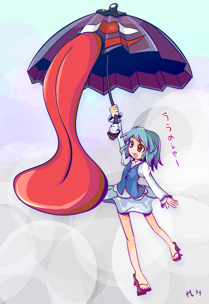 sora-amaori, tatara kogasa, touhou, bad id, bad pixiv id, 1girl, :p, blue eyes, female focus, geta, green hair, heterochromia, karakasa obake, red eyes, sandals, solo, tongue, tongue out, umbrella, urameshiya