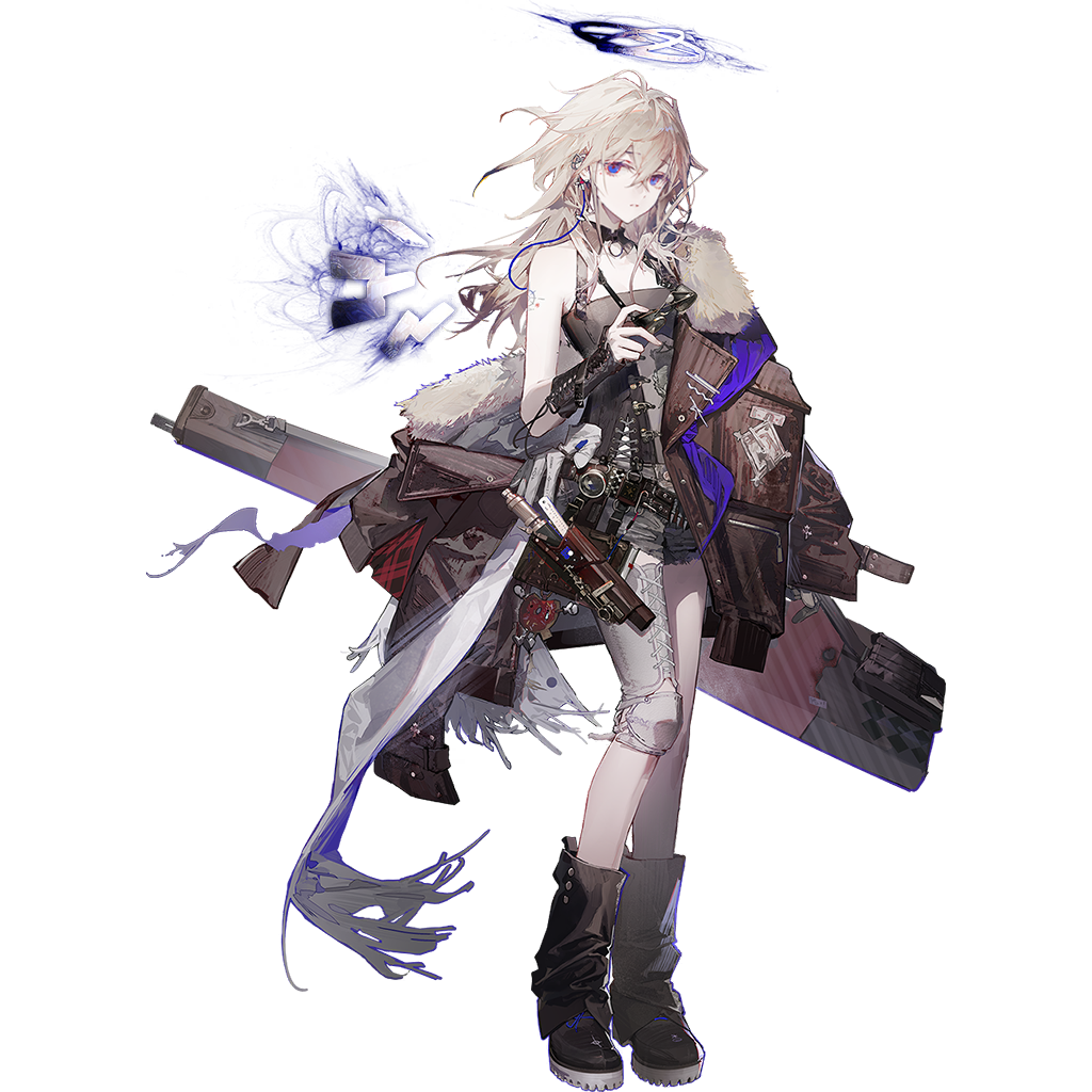 min (120716), arknights, official art, third-party source, 1girl, angel, black boots, black dress, black gloves, boots, breasts, clothes down, coat, detached wings, dress, elbow gloves, fur-trimmed coat, fur trim, gloves, goggles, goggles around neck, grey hair, halo, jellyfish cut, looking at viewer, purple eyes, single thighhigh, solo, tachi-e, thighhighs, vannini (arknights), white thighhighs, wings