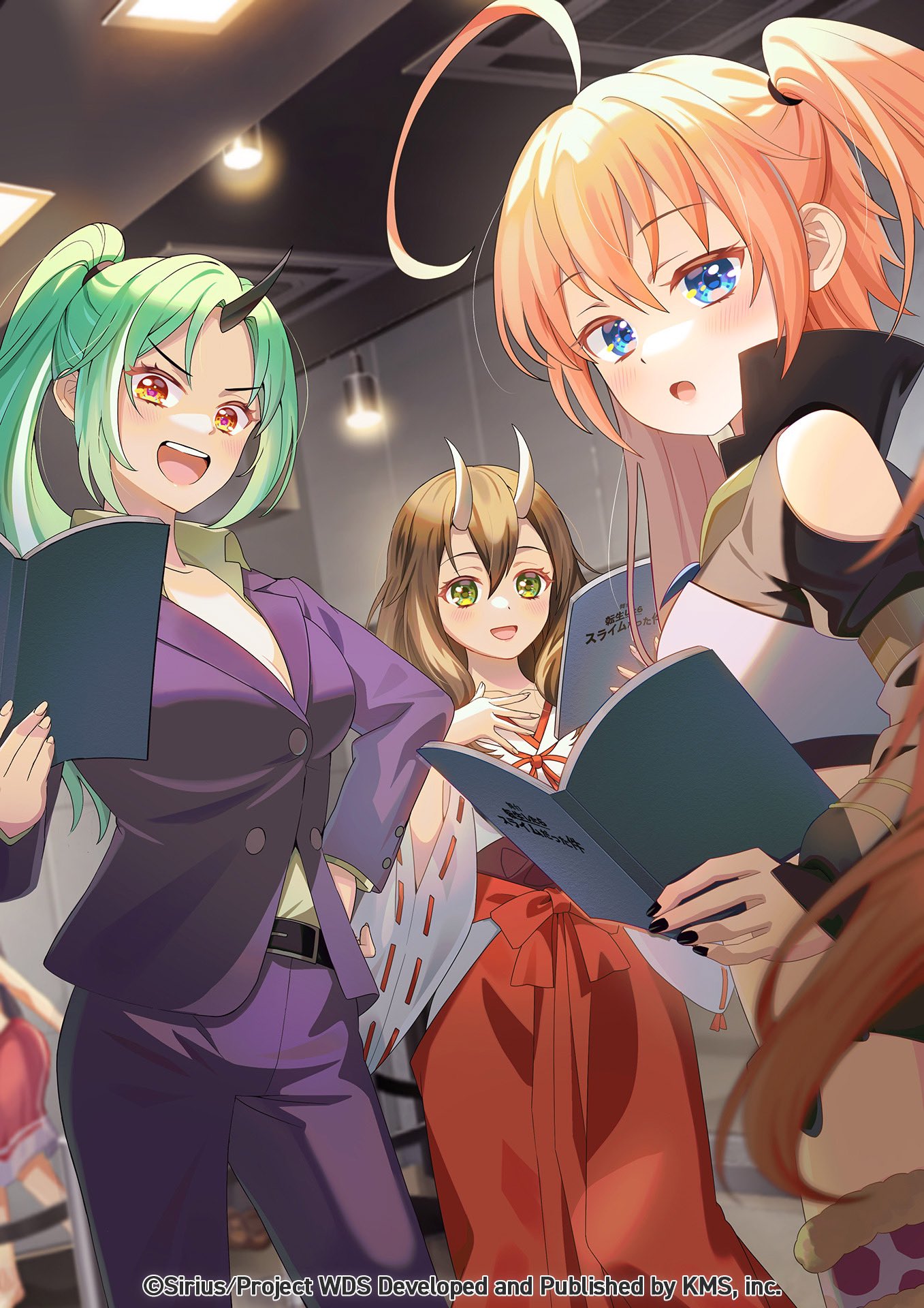akiru kamira, milim nava, motosu towa, shion (tensura), shiromaru mito, shuna (tensura), tensei shitara slime datta ken, world dai star, highres, official art, 3girls, :d, ahoge, belt, black jacket, blue eyes, blurry, book, brown hair, clipboard, cosplay, fang, green hair, hair between eyes, holding, holding paper, horns, indoors, jacket, long hair, looking at viewer, milim nava (cosplay), mimihe, multiple girls, open mouth, orange hair, pants, paper, shion (tensura) (cosplay), shirt, shuna (tensura) (cosplay), side ponytail, smile, watermark, yellow eyes