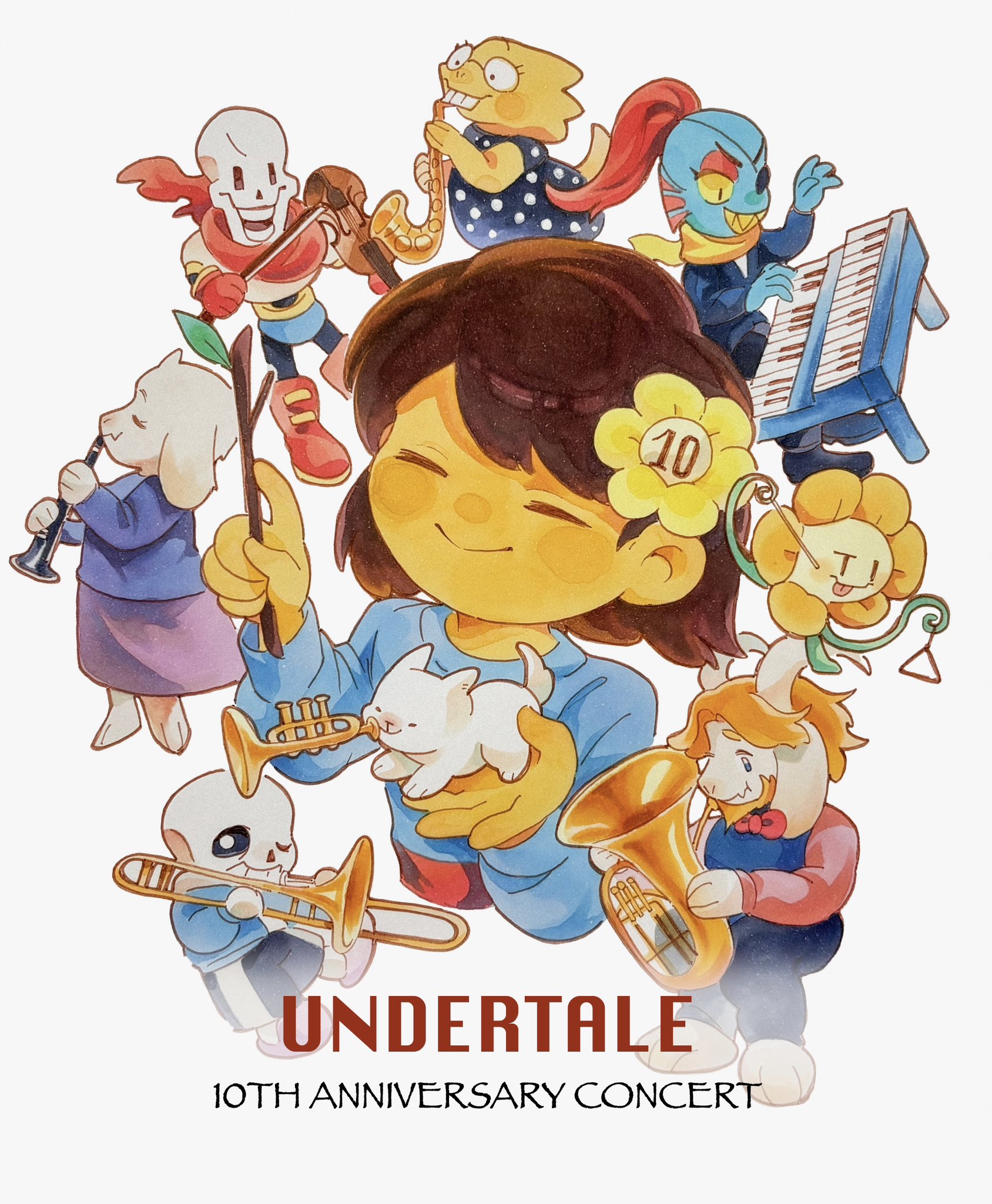 alphys, annoying dog, asgore dreemurr, frisk (undertale), papyrus (undertale), sans (undertale), toriel, undyne, undertale, utdr (toby fox), highres, 1other, 3girls, 4boys, black shorts, blue jacket, blue skin, chibi, closed eyes, closed mouth, colored skin, copyright name, dog, english text, flower, full body, goat girl, hair flower, hair ornament, holding, holding instrument, holding trombone, holding violin, instrument, jacket, multiple boys, multiple girls, music, open mouth, piano, playing instrument, shorts, skeleton, smile, sunflower, teeth, tomato ameeeee, tongue, tongue out, trombone, violin, white dog
