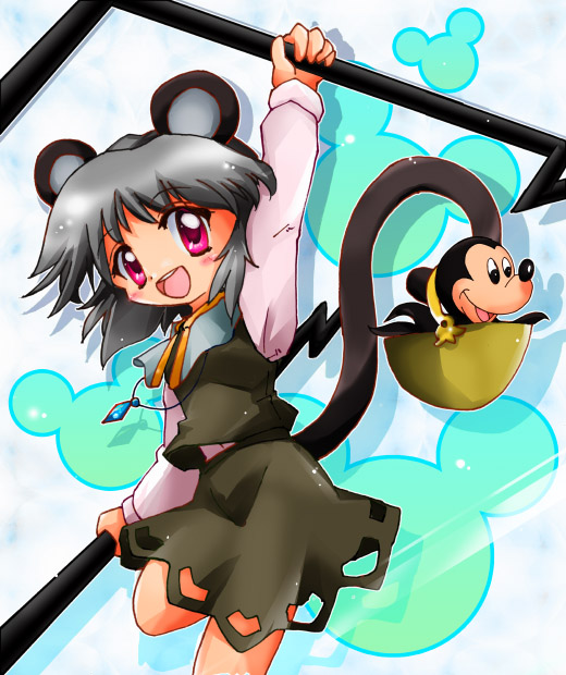 zipang (zip@ng works), mickey mouse, nazrin, takobue, disney, mickey mouse & friends, touhou, bad id, bad pixiv id, 1girl, animal ears, black hair, female focus, jewelry, necklace, pink eyes, skirt, tail