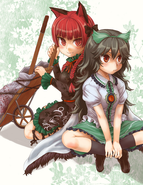asanagi, kaenbyou rin, reiuji utsuho, touhou, resized, 2girls, animal ears, blood, braid, brown hair, cat ears, fang, long hair, multiple girls, pixiv thumbnail, red eyes, red hair, sitting, twin braids, twintails