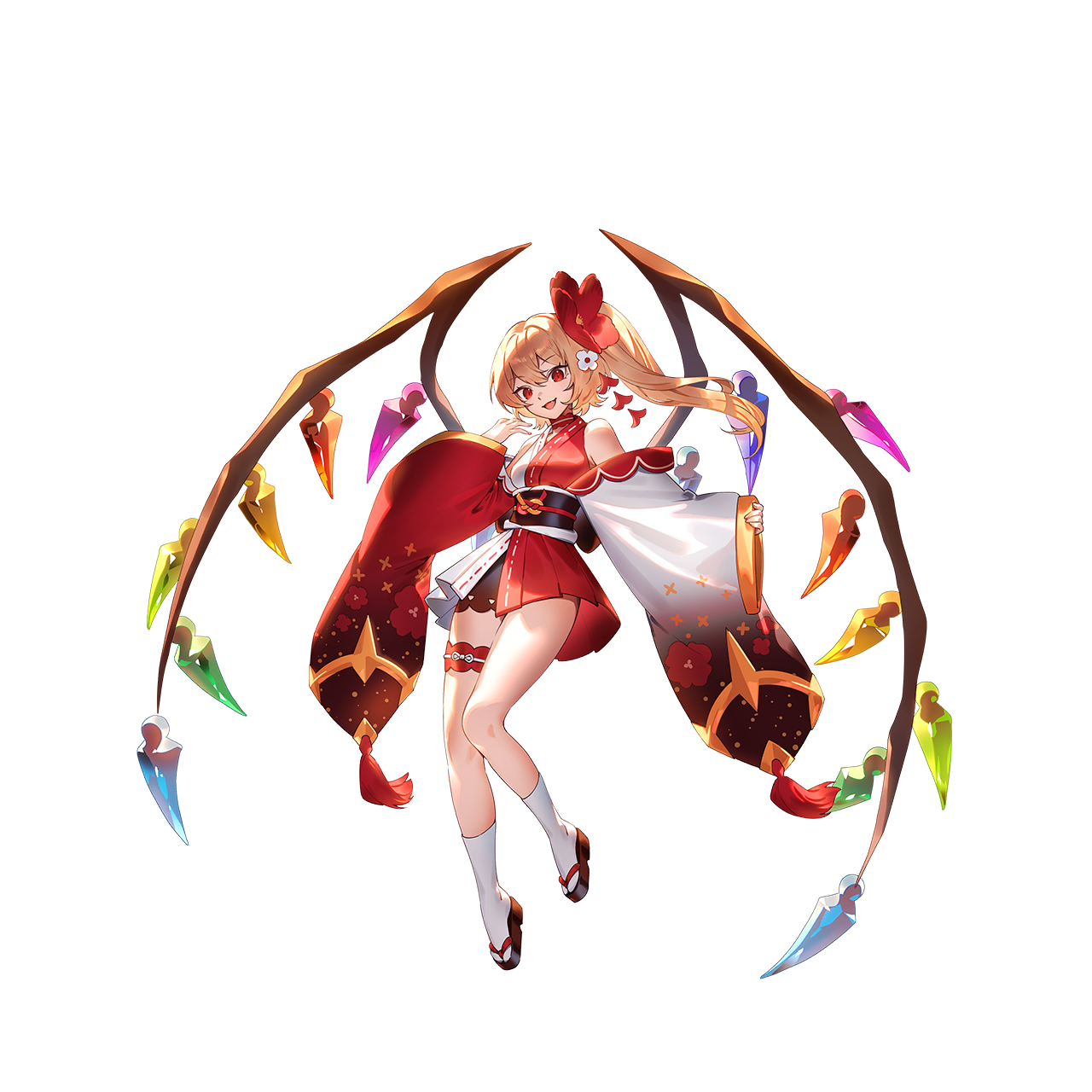 u u zan, flandre scarlet, touhou, touhou gensou eclipse, game cg, highres, non-web source, official art, second-party source, 1girl, alternate costume, black sash, blonde hair, braid, crystal, crystal wings, detached sleeves, floral print, floral print kimono, flower, furisode, hair flower, hair ornament, japanese clothes, kimono, long hair, multicolored wings, obi, obiage, obijime, one side up, open mouth, print kimono, red eyes, red flower, red hair, red kimono, sash, smile, socks, solo, tassel, thigh strap, thighs, transparent background, two-tone kimono, very long hair, white kimono, white socks, wide sleeves, wings