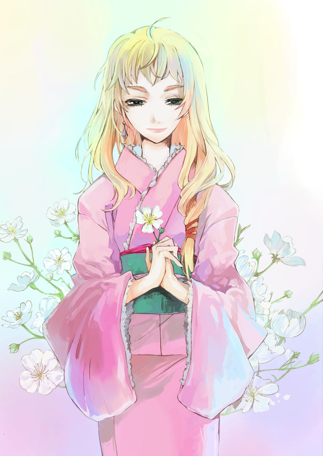 mooche, sheryl nome, macross, macross frontier, highres, 00s, blonde hair, earrings, flower, japanese clothes, jewelry, kimono, long hair, solo