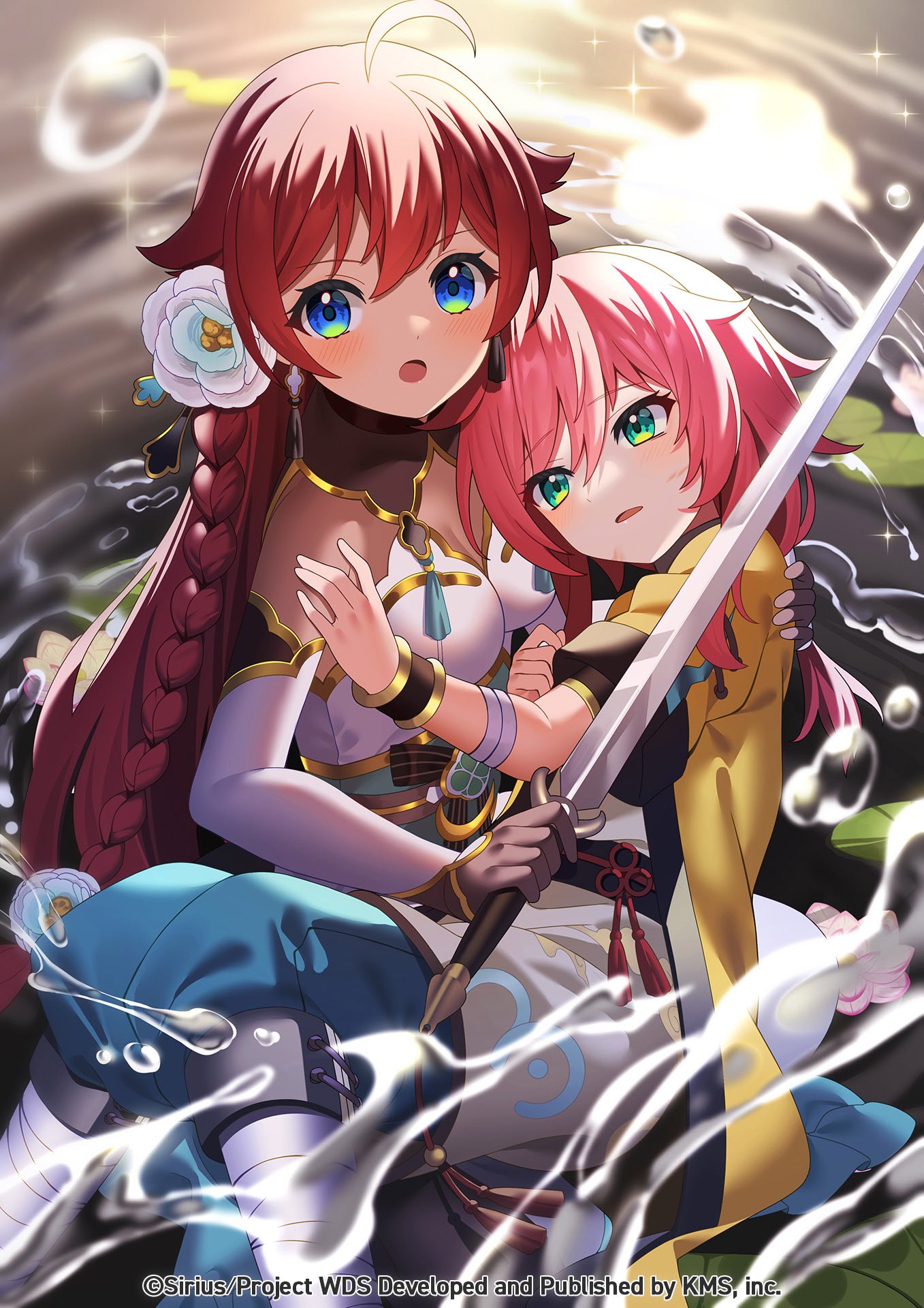 yuujin (yuzinn333), wang xue, yonaguni hikari, world dai star, highres, official art, 2girls, :o, ahoge, bare shoulders, blue eyes, boots, braid, breasts, dress, flower, glint, gloves, green eyes, hair between eyes, hair flower, hair ornament, holding, holding weapon, jewelry, long hair, looking at viewer, multiple girls, open mouth, pants, red hair, rose, sleeveless, sleeveless dress, sparkle, standing, sword, very long hair, water, water drop, weapon, white dress, white flower, white rose