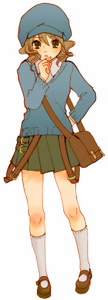 hiyori chisha, luke triton, level-5, professor layton, gender request, 00s, 1girl, bag, belt, blush, brown eyes, brown hair, child, female focus, genderswap, hand on own hip, hat, kneehighs, mary janes, miniskirt, newsboy cap, pleated skirt, shoes, short hair, simple background, skirt, socks, solo, thinking, wavy hair, white background, white socks
