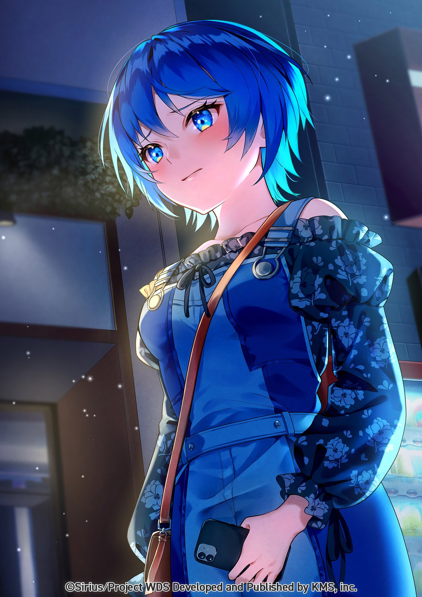 kyashii (a3yu9mi), toneri nikako, world dai star, highres, official art, 1girl, bag, blue eyes, blue hair, blush, cellphone, holding, holding phone, looking at viewer, night, outdoors, phone, railing, short hair, sky, smartphone, solo