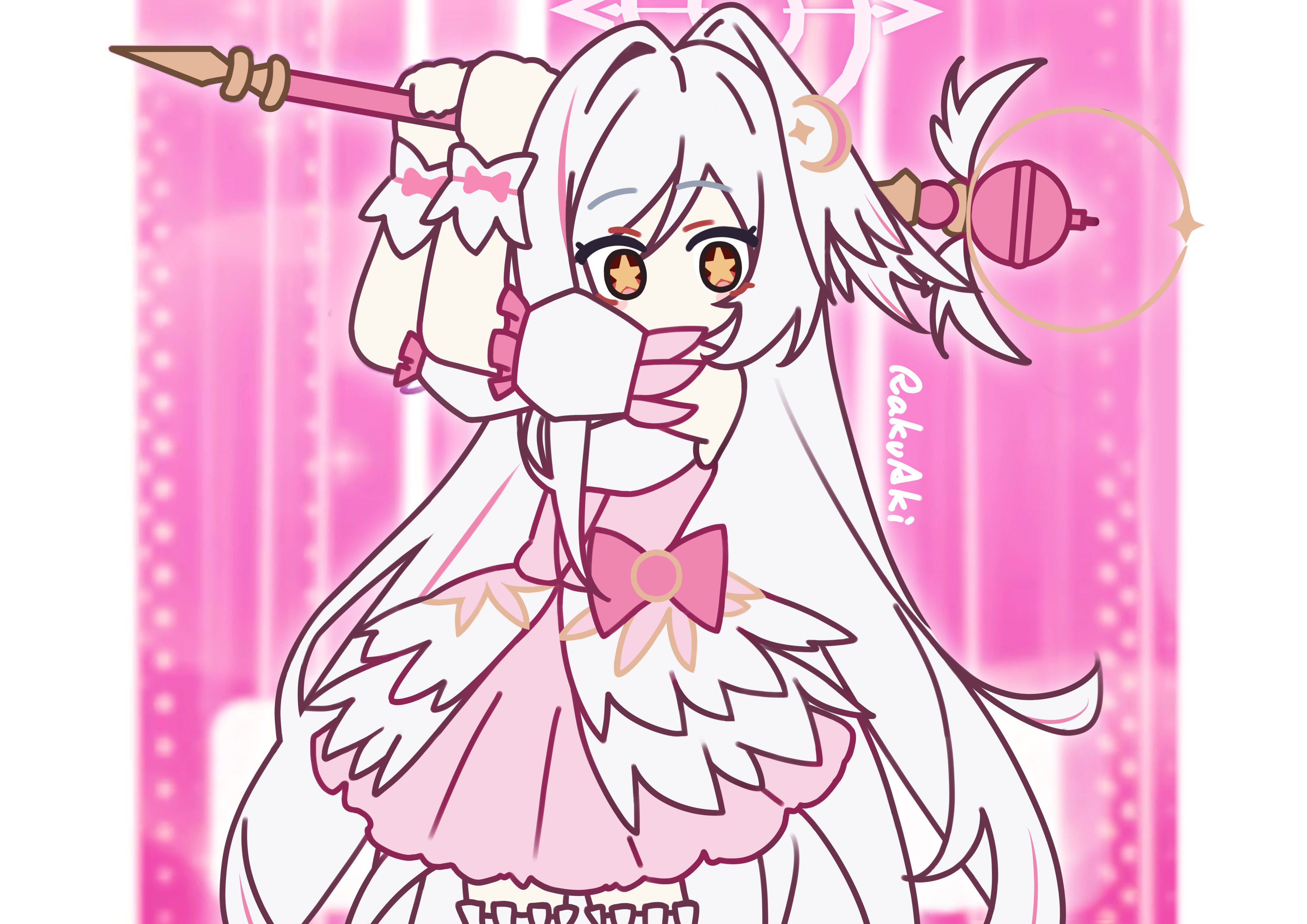 rakuaki, suzumi (blue archive), blue archive, absurdres, commentary, highres, + +, 1girl, bare shoulders, blurry, blurry background, covered mouth, crescent, crescent hair ornament, detached sleeves, dress, hair between eyes, hair ornament, halo, head wings, ima sugu rinne (vocaloid), incoming attack, long hair, magical girl, official alternate costume, pillarboxed, pink background, pink dress, pink skirt, red eyes, single hair intake, single head wing, skirt, sleeve cuffs, solo, suzumi (magical) (blue archive), thighhighs, very long hair, white hair, wings, zettai ryouiki