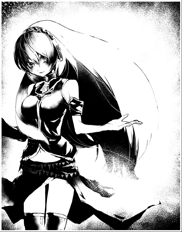 palmeros, megurine luka, vocaloid, 1girl, bare shoulders, breasts, cowboy shot, female focus, greyscale, large breasts, long hair, looking at viewer, monochrome, panties, simple background, solo, standing, thigh gap, thighhighs, underwear, very long hair, white background, wind, wind lift