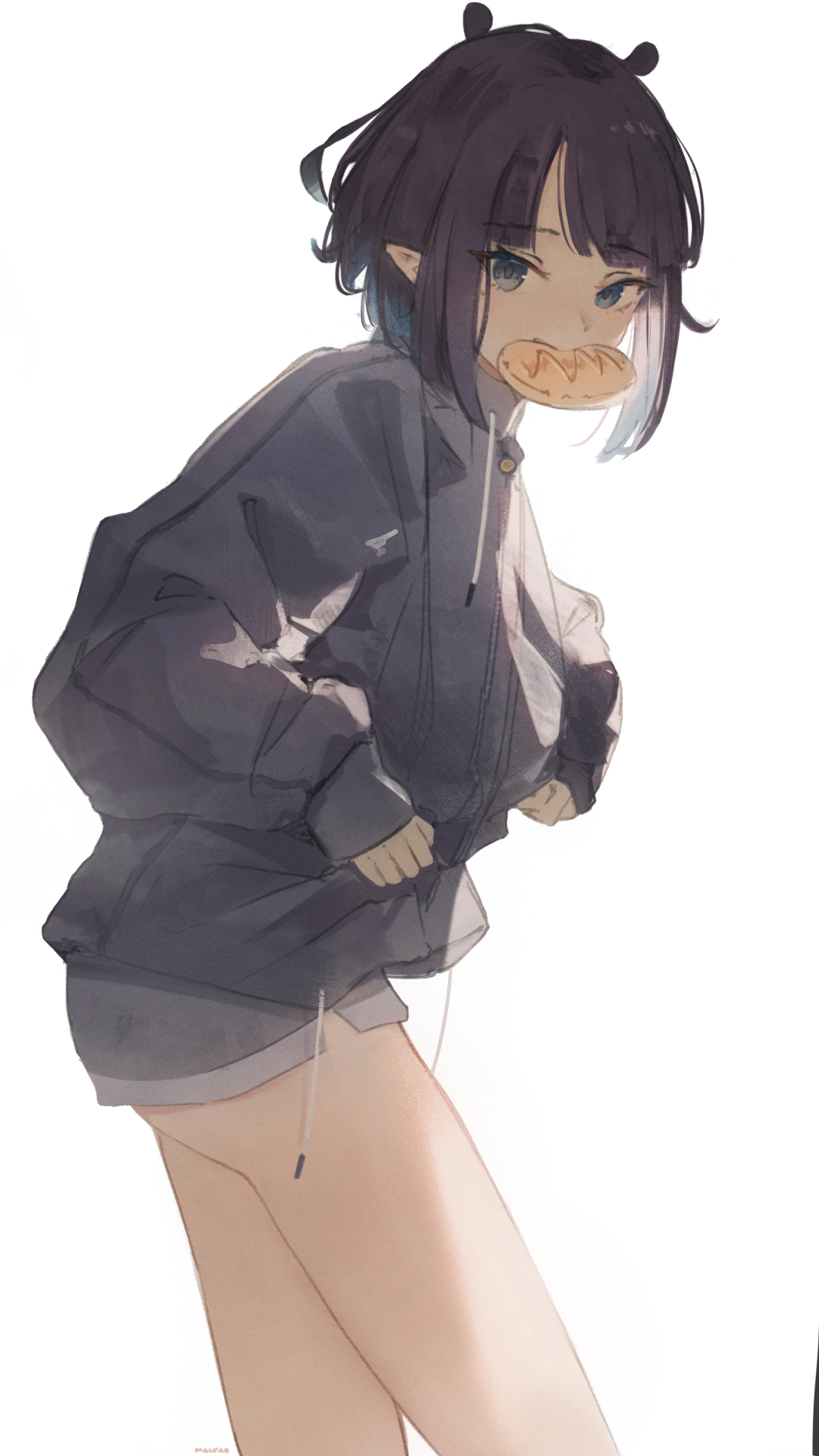 malvar, ninomae ina'nis, ninomae ina'nis (loungewear), hololive, hololive english, highres, 1girl, cookie, food, grey eyes, grey jacket, grey shorts, jacket, looking at viewer, micro shorts, mouth hold, official alternate costume, official alternate hairstyle, pointy ears, purple hair, short hair, shorts, simple background, solo, tentacle hair, virtual youtuber, white background