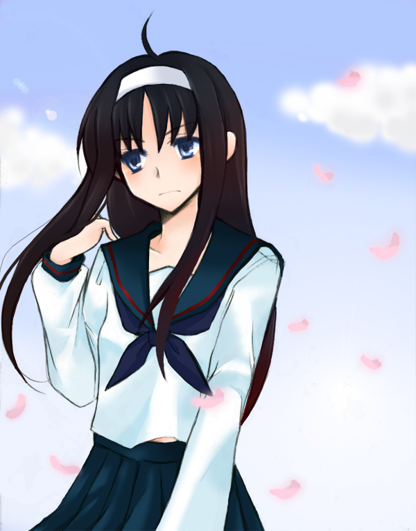 muzuki hikari, tohno akiha, melty blood, tsukihime, type-moon, 00s, 1girl, black hair, blue eyes, cherry blossoms, day, female focus, hairband, school uniform, serafuku, sky, solo