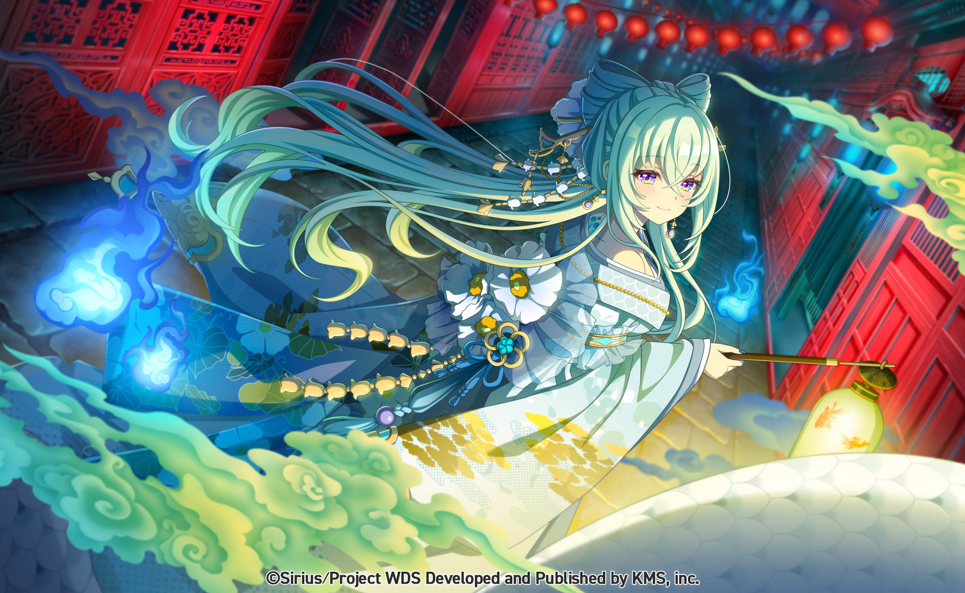 kanengomi, lilja kurtbay, world dai star, highres, official art, 1girl, bare shoulders, blue kimono, copyright name, hair intakes, hair ornament, japanese clothes, kimono, lantern, long hair, looking at viewer, night, purple eyes, sleeves past fingers, sleeves past wrists, solo, very long hair, watermark