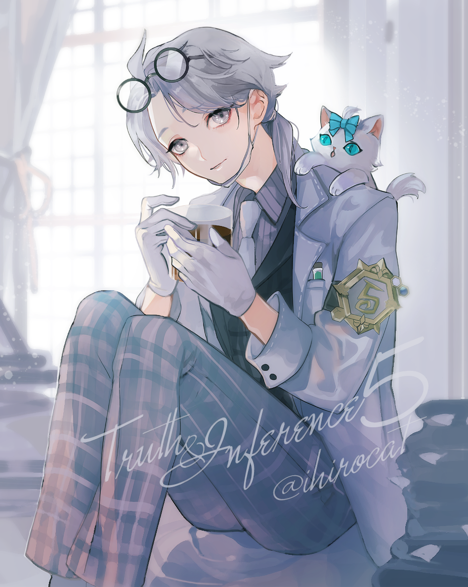 ihirocat, aesop carl, aesop carl ("gatto"), identity v, 1boy, aqua eyes, cat, closed mouth, coat, curtains, eyewear on head, gloves, grey coat, grey eyes, grey gloves, grey pants, indoors, looking at viewer, male focus, official alternate costume, pants, sitting, solo, sunlight, white cat, window