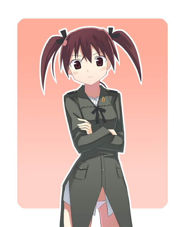 nishikawa ari, gertrud barkhorn, strike witches, world witches series, 00s, 1girl, alternate hairstyle, brown eyes, brown hair, crossed arms, female focus, military, military uniform, panties, solo, twintails, underwear