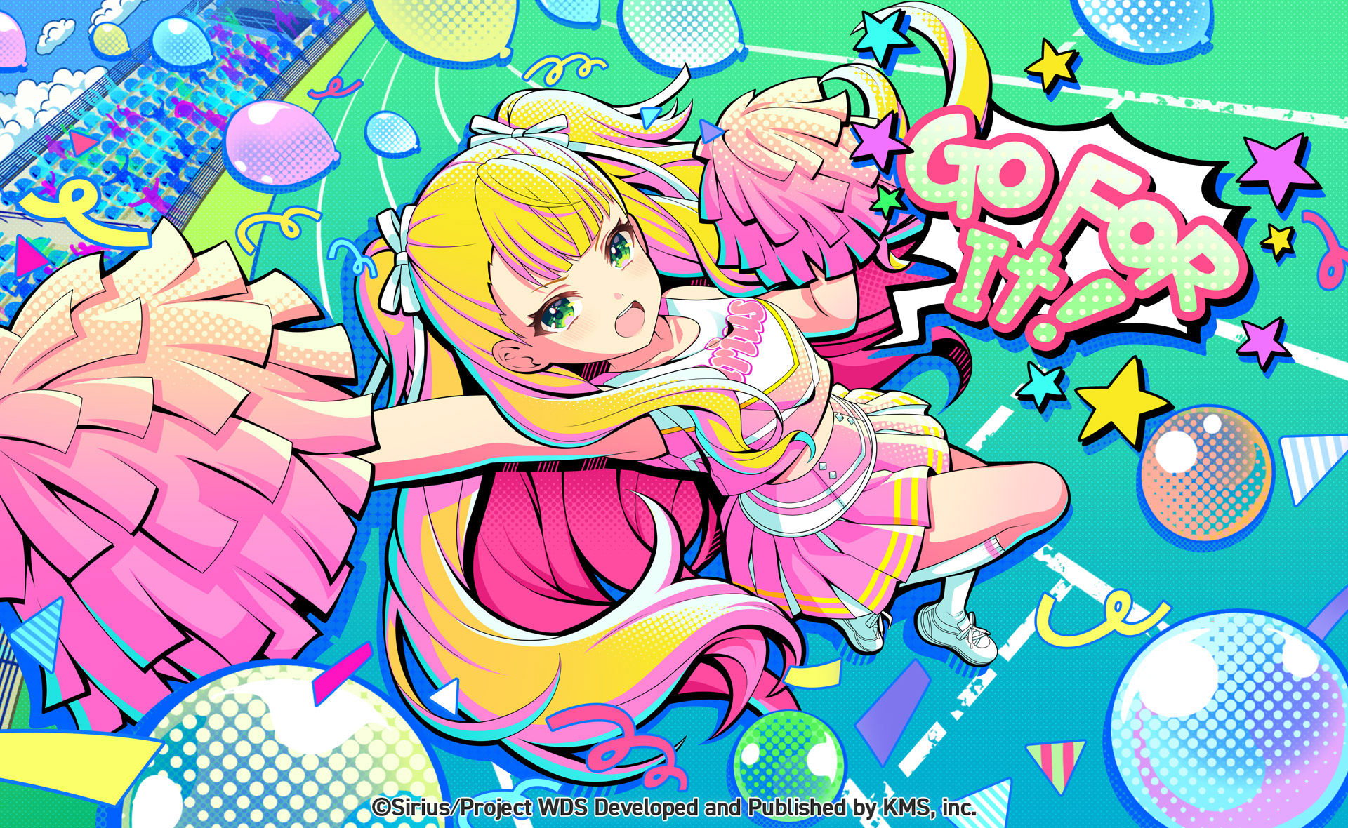 kanengomi, kathrina griebel, world dai star, highres, official art, 1girl, blonde hair, cheerleader, green eyes, hair ribbon, halftone, halftone background, long hair, open mouth, pom pom (cheerleading), ribbon, skirt, smile, socks, solo, star (symbol), twintails, very long hair
