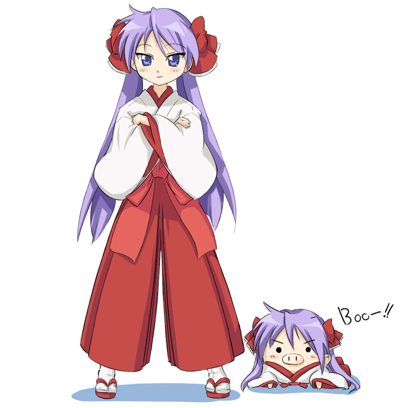 takahashi ren, hiiragi kagami, kagamin boo, lucky star, 00s, full body, hakama, hakama skirt, japanese clothes, legs apart, long hair, miko, purple hair, simple background, skirt, solo, standing, twintails, white background