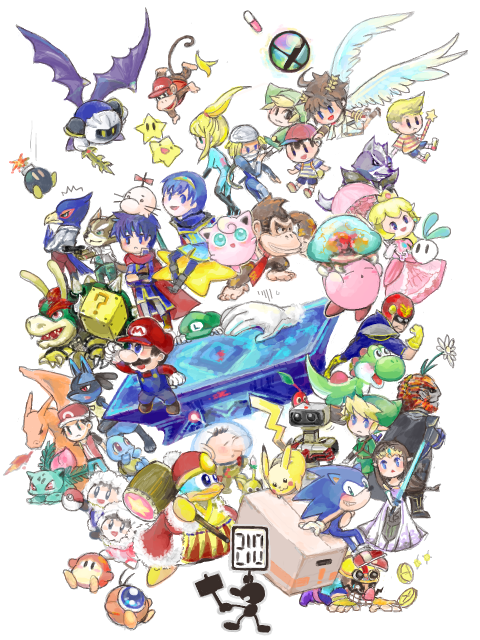 chion (yukina), rob, bob-omb, bowser, captain falcon, charizard, diddy kong, donkey kong, doseisan, falco lombardi, family computer robot, fox mccloud, ganondorf, ice climbers, ike (fire emblem), ivysaur, jigglypuff, king dedede, kirby, koopa, link, lucario, lucas (mother 3), luigi, mario, marth (fire emblem), master hand, meta knight, metroid (creature), metroid larva, mr. game & watch, nana (ice climber), ness (mother 2), olimar, pikachu, pit (kid icarus), popo (ice climber), princess peach, princess zelda, red (pokemon), red (pokemon frlg), samus aran, sheik, solid snake, sonic the hedgehog, squirtle, stafy, starfy, super star, toon link, waddle dee, waddle doo, wario, wolf o'donnell, yoshi, densetsu no stafy, donkey kong (series), f-zero, fire emblem, fire emblem: mystery of the emblem, fire emblem: path of radiance, game & watch, ice climber, kid icarus, kirby (series), mario (series), metal gear (series), metal gear solid, metroid, mother (series), mother 2, mother 3, nintendo, pikmin (series), pokemon, pokemon frlg, sonic (series), star fox, super smash bros., the legend of zelda, the legend of zelda: twilight princess, warioware, capsule, 00s, 5girls, 6+boys, animal ears, banana peel, bracer, breath weapon, breathing fire, child, coin, dual persona, energy sword, everyone, final destination (smash bros), fire, flower, food, furry, furry male, gen 1 pokemon, gen 4 pokemon, monkey, multiple boys, multiple girls, pikmin (creature), poke ball, pokemon (creature), rabbit ears, shirt, smash ball, striped clothes, striped shirt, sword, weapon, wrap star