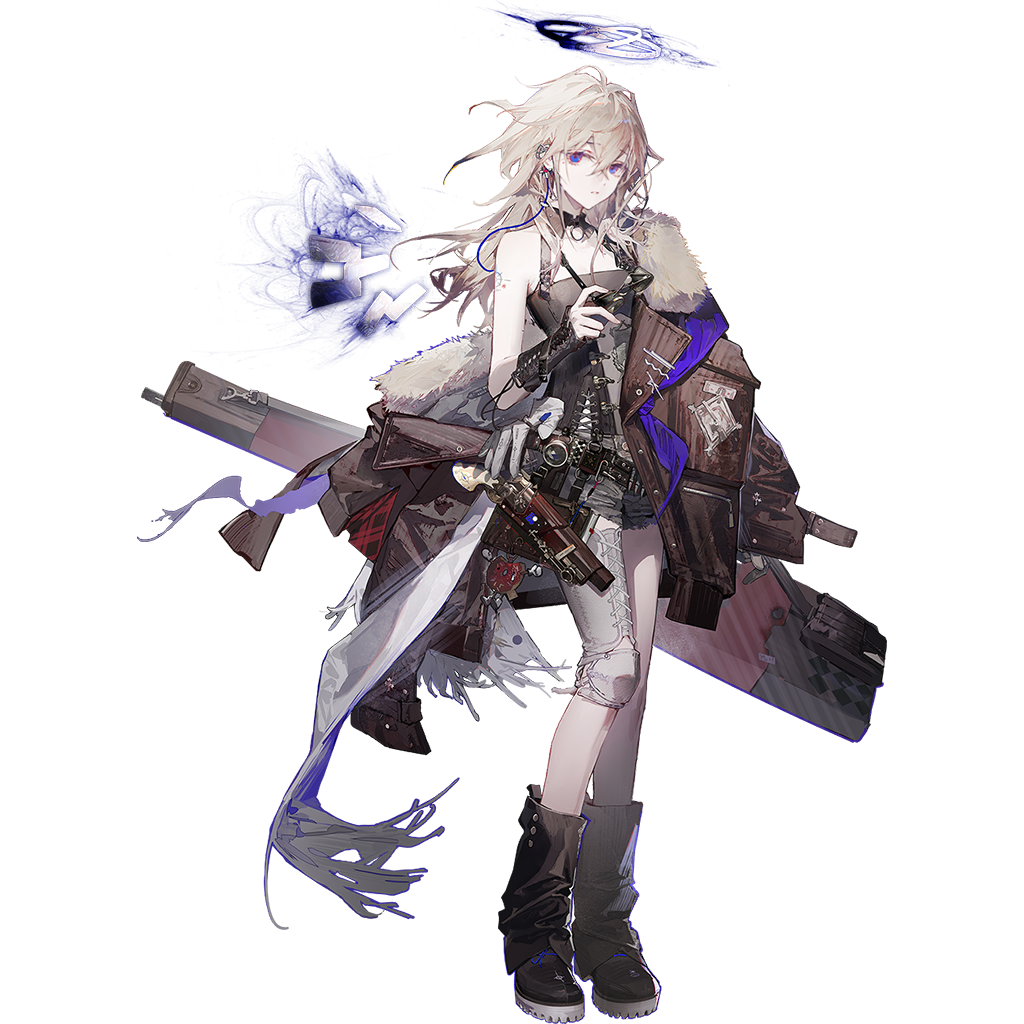 min (120716), arknights, official art, third-party source, 1girl, angel, black boots, black dress, black gloves, boots, breasts, clothes down, coat, detached wings, dress, elbow gloves, fur-trimmed coat, fur trim, gloves, goggles, goggles around neck, grey hair, gun, halo, holster, jellyfish cut, looking at viewer, purple eyes, single thighhigh, solo, tachi-e, thighhighs, vannini (arknights), weapon, white thighhighs, wings