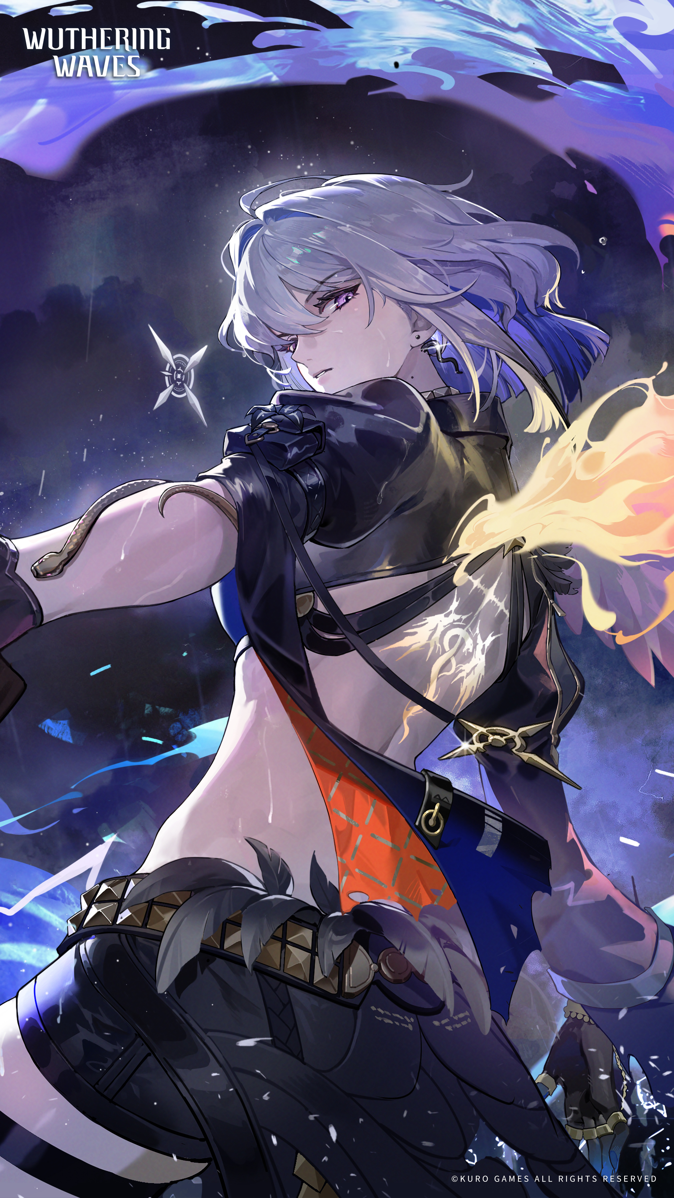 galbrena (wuthering waves), wuthering waves, absurdres, commentary, english commentary, highres, official art, 1girl, aiming, asymmetrical wings, back, back tattoo, black gloves, black jacket, black shorts, black wings, blue hair, chimera (wuthering waves), colored inner hair, cropped jacket, earrings, feathered wings, gloves, grey hair, gun, holding, holding gun, holding weapon, jacket, jewelry, logo, looking at viewer, looking back, medium hair, mismatched wings, multicolored hair, purple eyes, rain, short shorts, shorts, smoke, smoking barrel, solo, tacet discord (wuthering waves), tacet mark (wuthering waves), tattoo, thigh strap, weapon, wet, wings