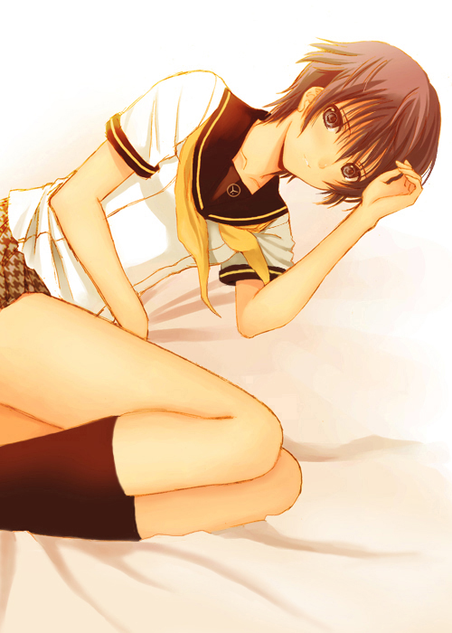 seiru (prairie), shirogane naoto, atlus, persona, persona 4, blue eyes, blue hair, houndstooth, lying, school uniform, serafuku, short hair, skirt, smile, socks, solo