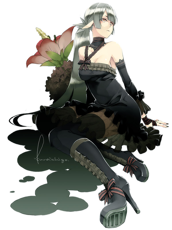 kyo (kuroichigo), original, silver hair, 1girl, asymmetrical clothes, black nails, black thighhighs, boots, bow, choker, detached sleeves, dress, elf, female focus, flower, high heel boots, high heels, knee boots, long hair, nail polish, pointy ears, ponytail, red eyes, ribbon, see-through clothes, shoes, sitting, solo, thighhighs
