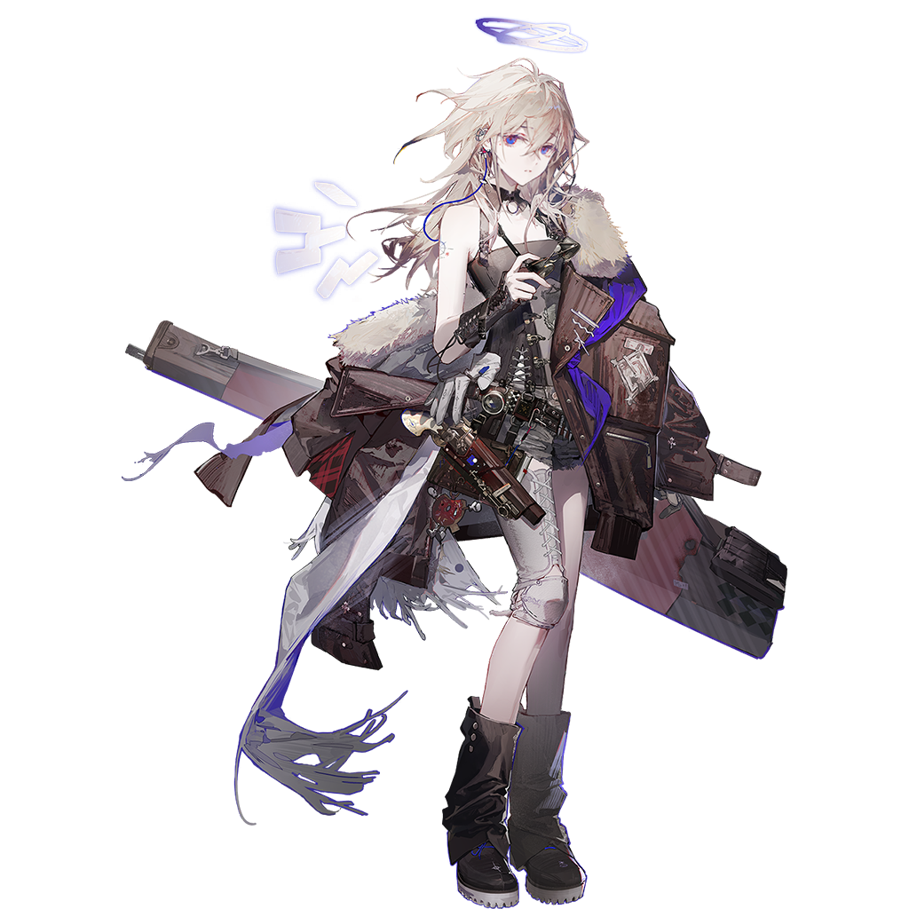 min (120716), arknights, official art, third-party source, 1girl, angel, black boots, black dress, black gloves, boots, breasts, clothes down, coat, detached wings, dress, elbow gloves, fur-trimmed coat, fur trim, gloves, goggles, goggles around neck, grey hair, gun, halo, holster, jellyfish cut, looking at viewer, purple eyes, single thighhigh, solo, tachi-e, thighhighs, vannini (arknights), weapon, white thighhighs, wings