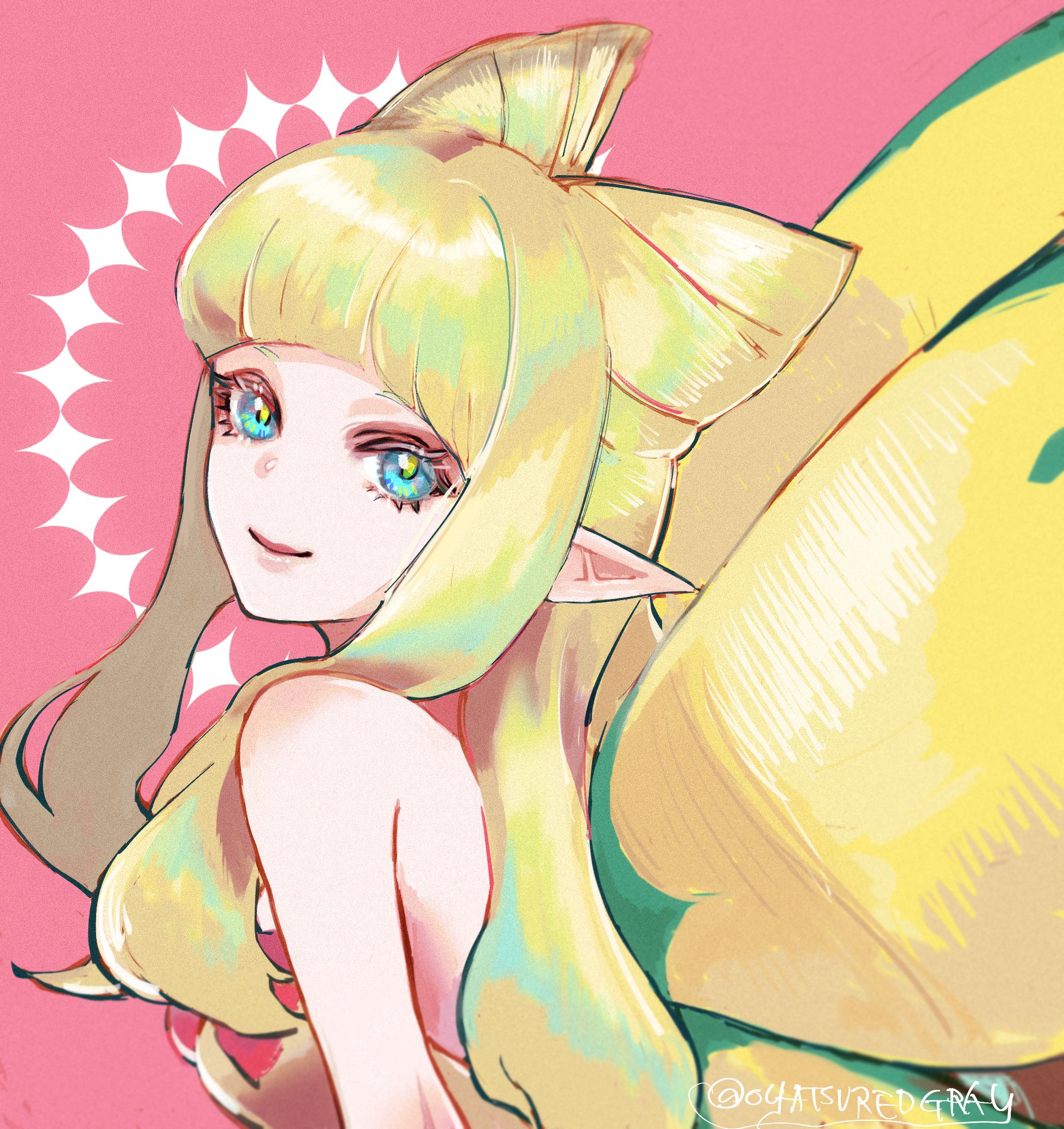 oyatsuredgray, eos (ff14), final fantasy, final fantasy xiv, highres, 1girl, aqua eyes, bare shoulders, cone hair bun, fairy, fairy wings, hair bun, long hair, looking at viewer, pink background, pointy ears, portrait, sidelocks, smile, solo, twitter username, wings