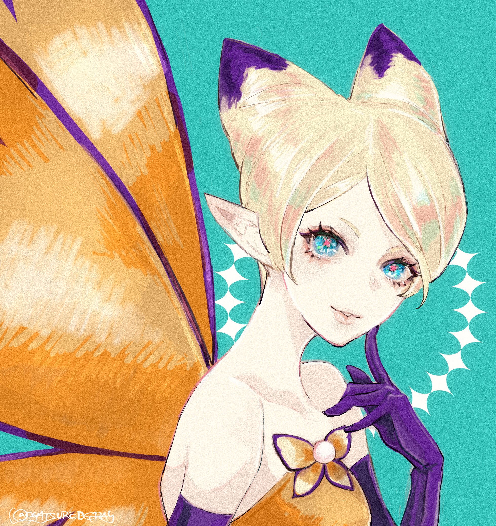 oyatsuredgray, selene (ff14), final fantasy, final fantasy xiv, highres, 1girl, aqua background, aqua eyes, bare shoulders, cone hair bun, fairy, fairy wings, hair bun, light smile, looking at viewer, parted lips, pointy ears, portrait, short hair, solo, twitter username, wings