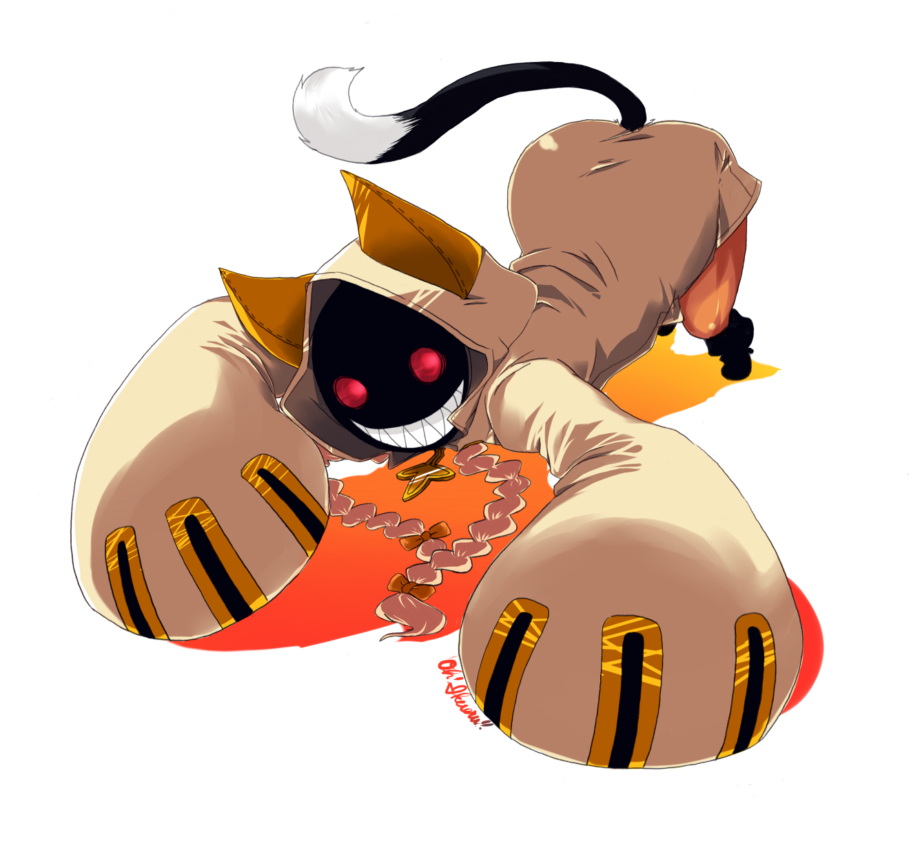 ooike teru, taokaka, arc system works, blazblue, highres, animal hood, braid, cat hood, foreshortening, grin, hood, hoodie, red eyes, smile, solo, tail, twin braids