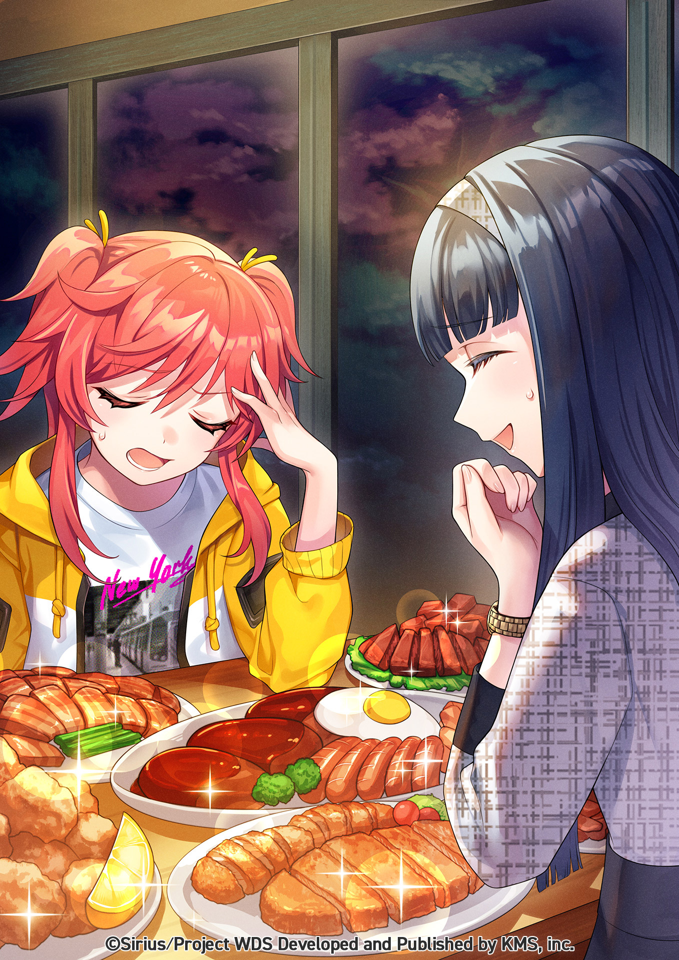 r/k, senju koyomi, wang xue, world dai star, highres, official art, 2girls, black hair, bowl, bracelet, burger, chopsticks, closed eyes, company name, cup, food, hairband, holding, indoors, jewelry, long hair, long sleeves, meat, multiple girls, open mouth, red hair, smile, sweatdrop, twintails, watermark