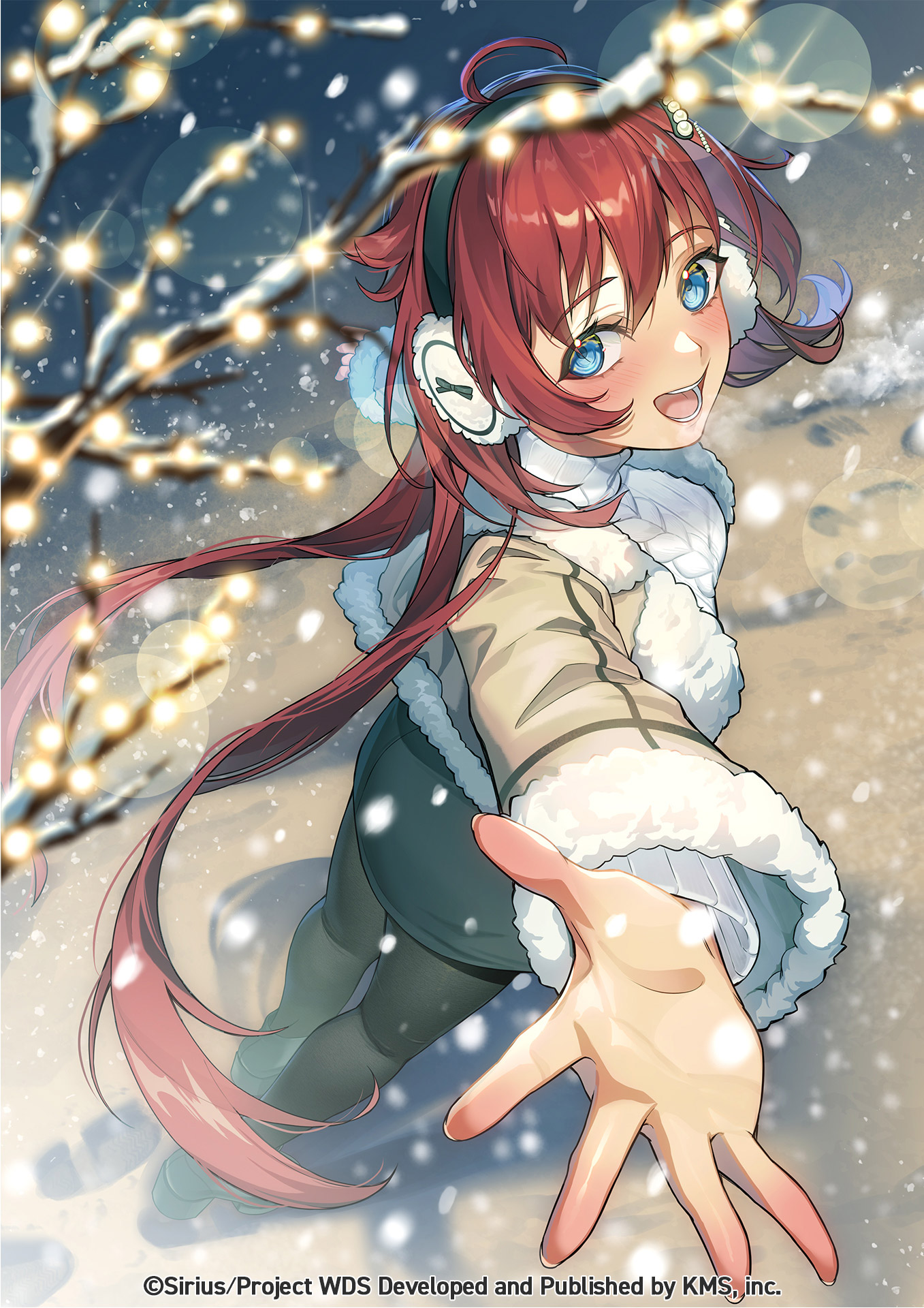 themis (themis adgjm), yonaguni hikari, world dai star, highres, official art, 1girl, :d, ahoge, blue eyes, blurry, blush, breath, coat, foreshortening, fur trim, hair between eyes, jacket, long hair, looking at viewer, open mouth, outdoors, outstretched arm, outstretched arms, outstretched hand, pantyhose, reaching, reaching towards viewer, red hair, smile, snow, solo, sweater, very long hair