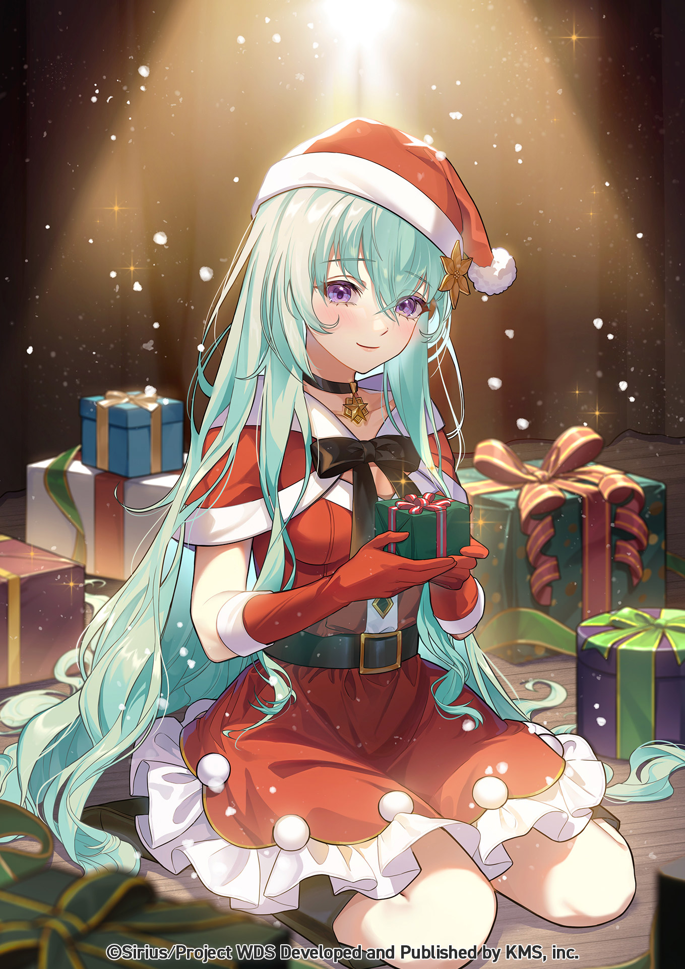 themis (themis adgjm), lilja kurtbay, world dai star, highres, official art, 1girl, aqua hair, belt, black choker, blush, box, choker, christmas, christmas tree, collarbone, dress, fur trim, gift, gift box, gloves, hair between eyes, hair ornament, hairclip, hat, holding, holding gift, long hair, looking at viewer, multicolored hair, pom pom (clothes), purple eyes, red dress, red gloves, santa costume, santa hat, seiza, sitting, smile, solo, very long hair, watermark