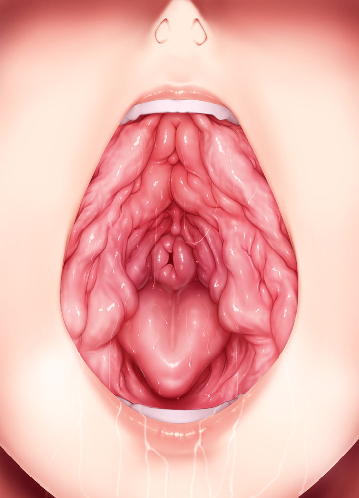 haniwa-dako, octopus trap, 1girl, body horror, cervix, female focus, horror (theme), open mouth, parody, pussy, pussy juice, saliva, solo, teeth, tongue, vagina mouth, what