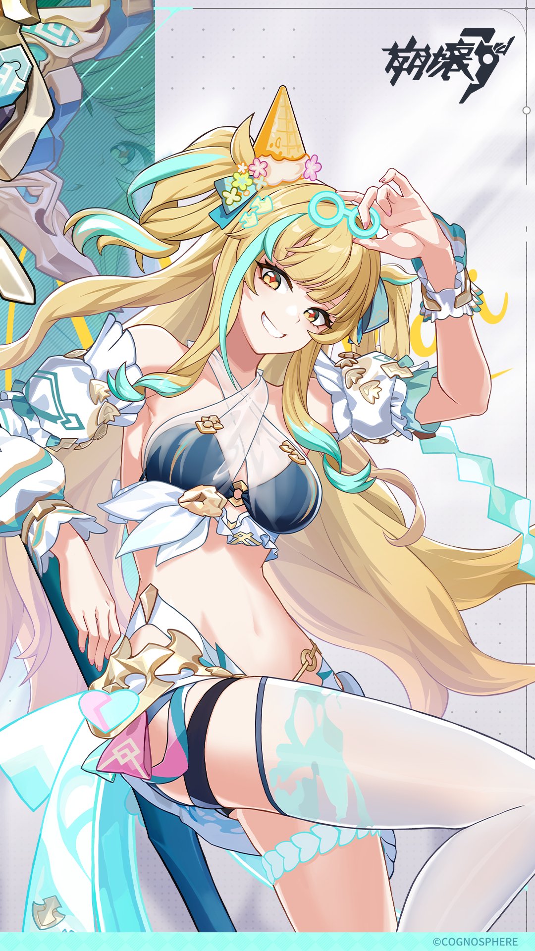 songque, songque (jovial deception: shadowdimmer), honkai (series), honkai impact 3rd, highres, official art, 1girl, asymmetrical sleeves, bare shoulders, bikini, blonde hair, breasts, drill hair, hair ornament, hand up, large breasts, long hair, multicolored hair, navel, official alternate costume, sarong, single thighhigh, smile, songque (cloudwave delight), stomach, streaked hair, swimsuit, thigh strap, thighhighs, uneven sleeves, very long hair, white thighhighs, yellow eyes