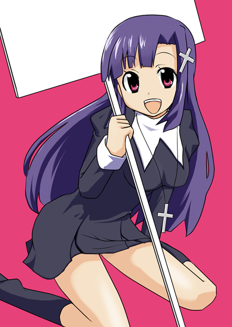 hottan!, zange, kannagi, bad id, bad pixiv id, 00s, 1girl, asymmetrical bangs, female focus, full body, hair ornament, holding, kneehighs, long hair, looking at viewer, purple hair, red hair, simple background, sitting, socks, solo, stick, very long hair, wariza, x hair ornament